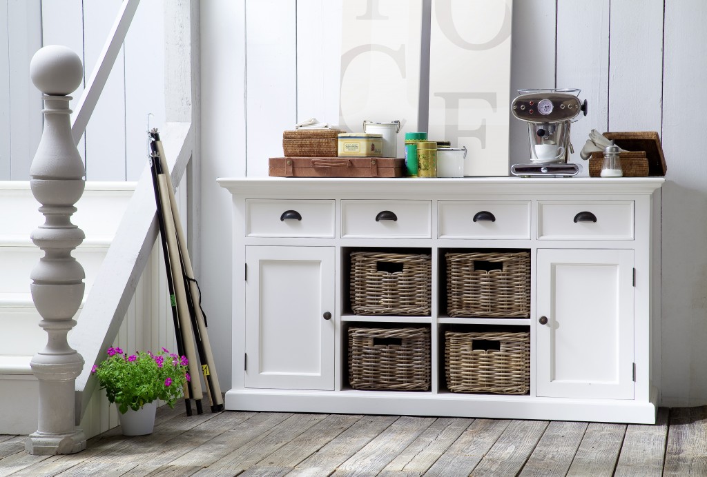 Picture of HomeRoots 388221 Modern Farmhouse Buffet with Baskets, White