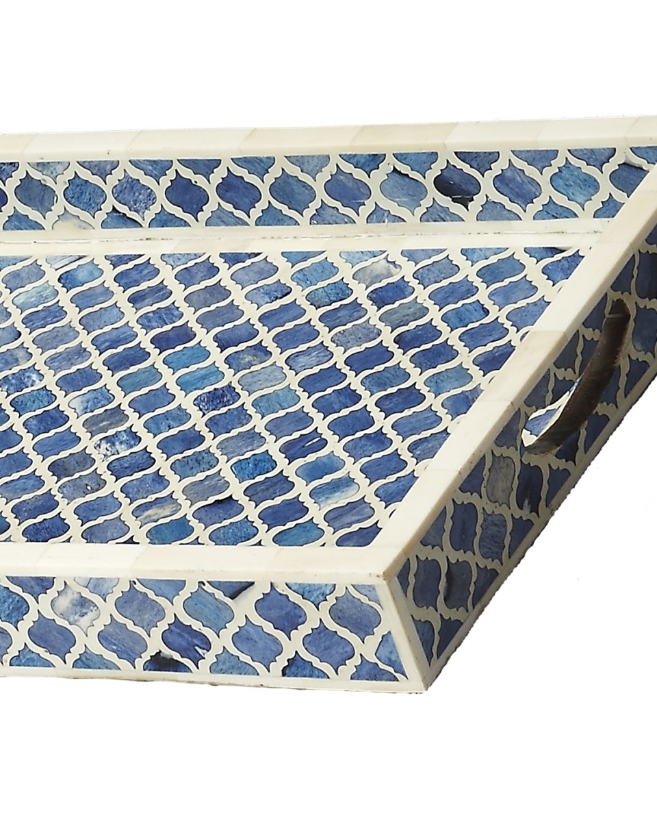 Picture of HomeRoots 388897 20 x 12 x 2 in. Blue Quatrefoil Bone Inlay Serving Tray