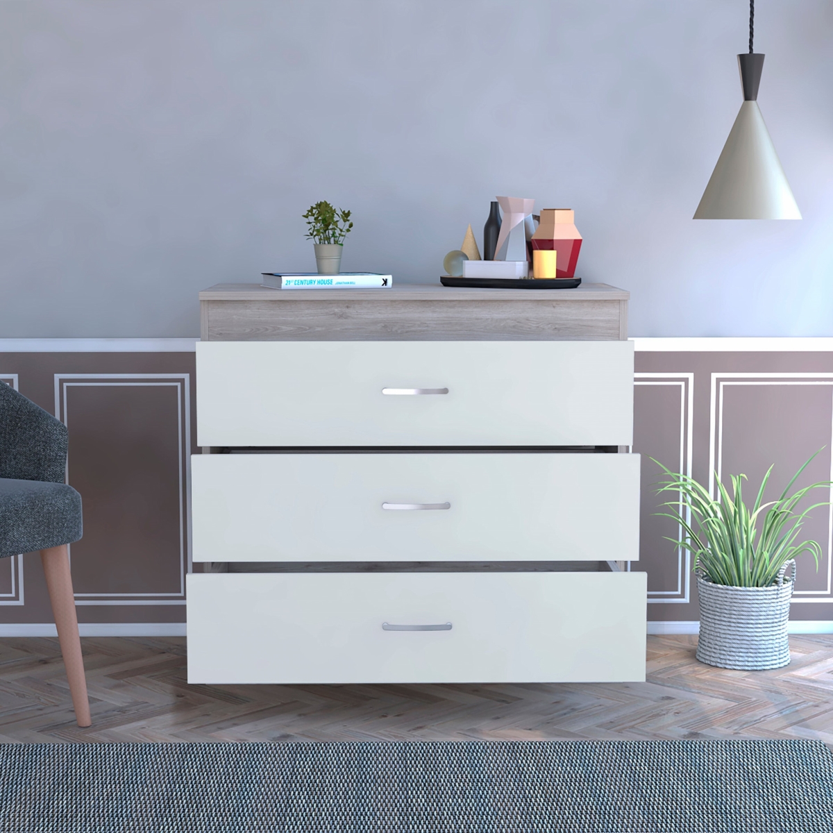 29 in. Light Gray & White Three Drawer Dresser