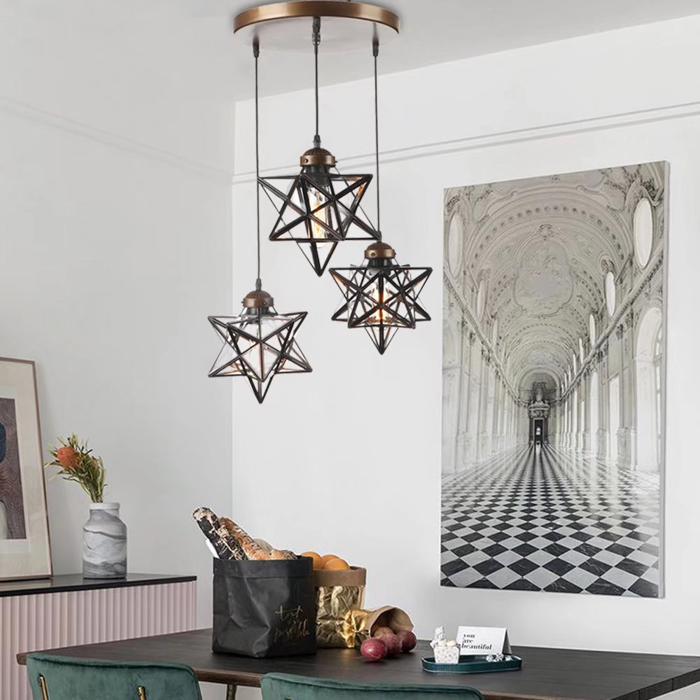 Picture of HomeRoots 475572 Brown Metal & Glass Star Geometric Hanging Lamp