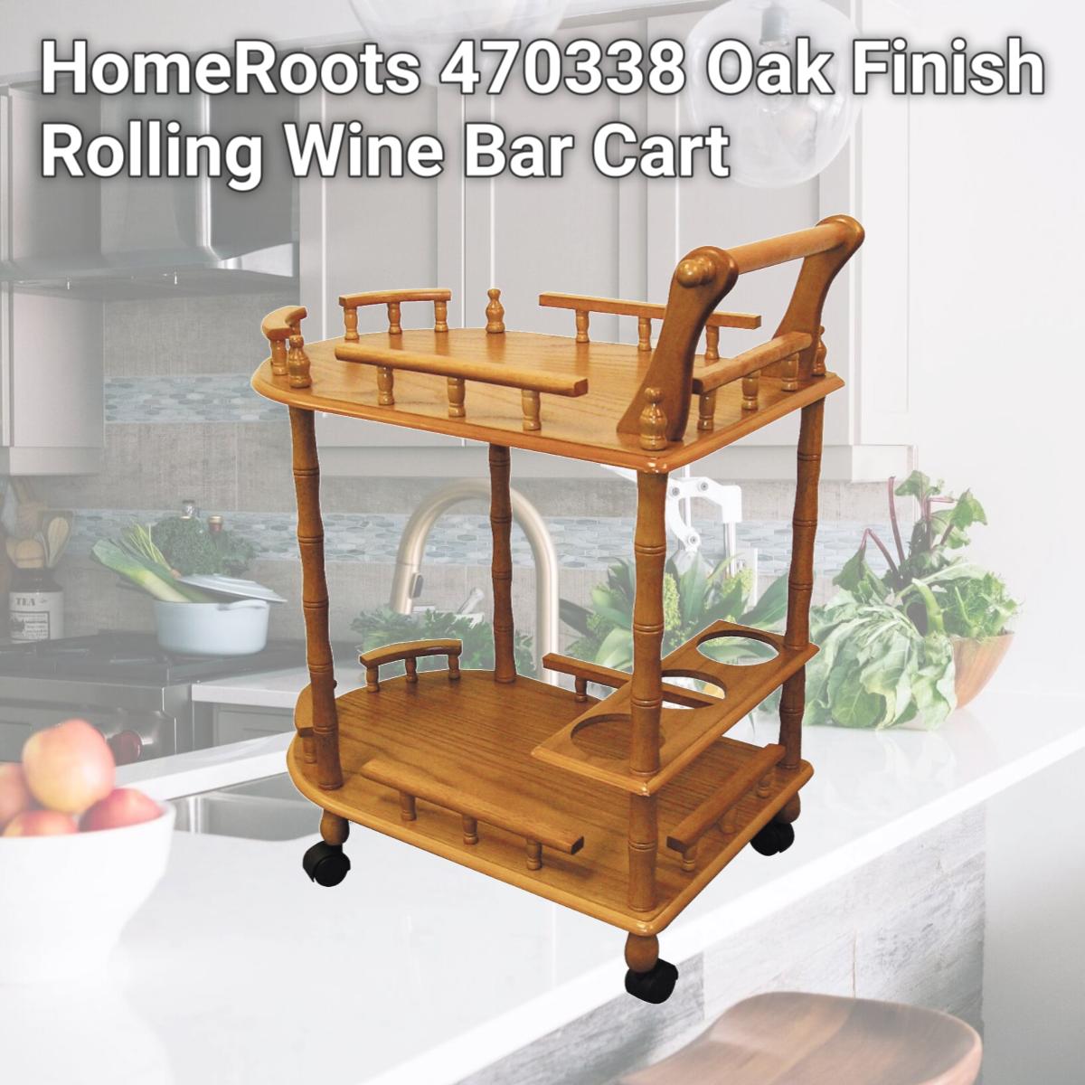 Picture of HomeRoots 470338 Oak Finish Rolling Wine Bar Cart