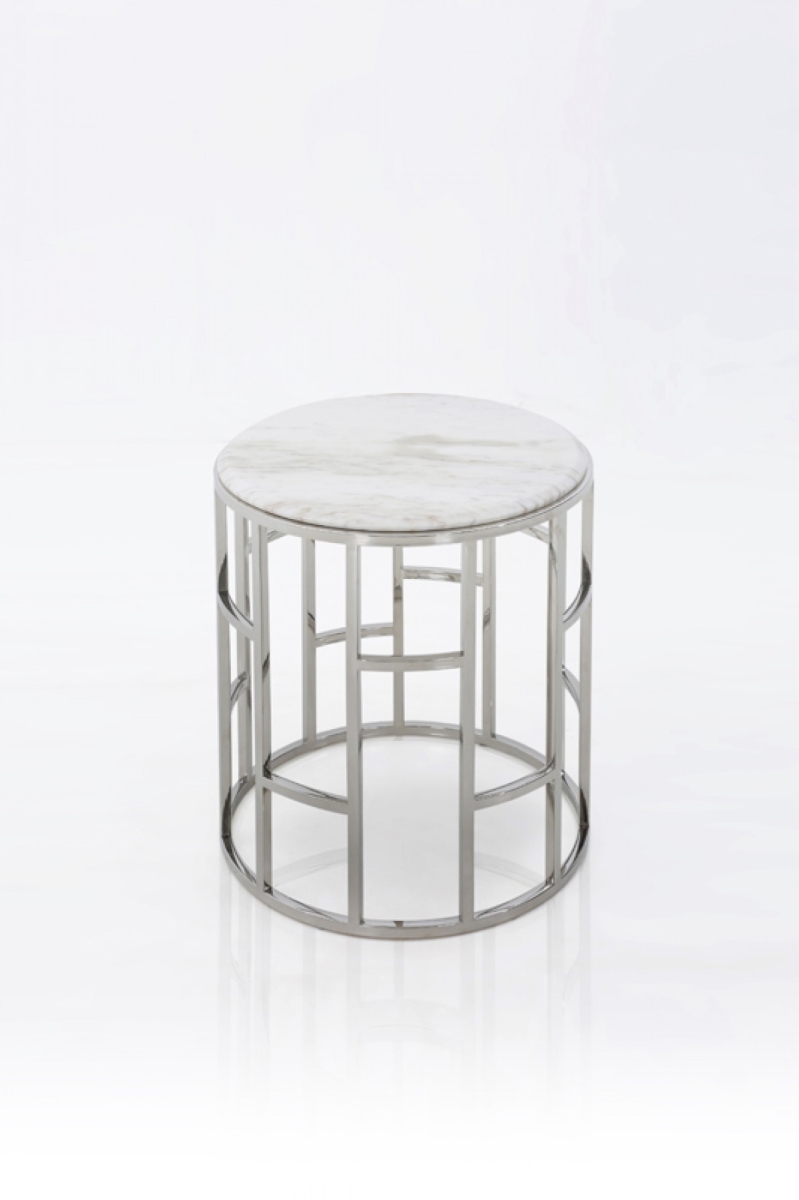 Stylish Silver & Marble Round Geometric End Or Side Table, White
