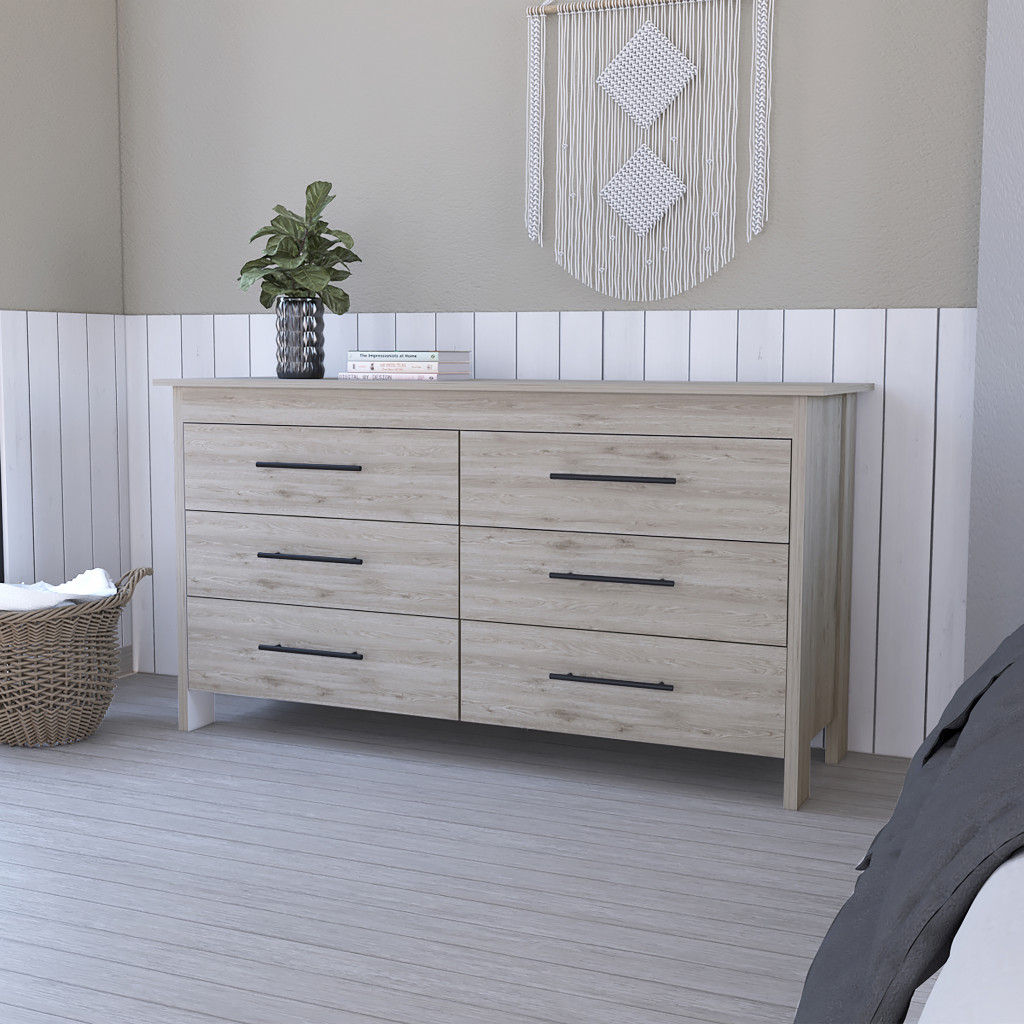 488520 32 in. Manufactured Wood Six Drawer Double Dresser, Light Gray