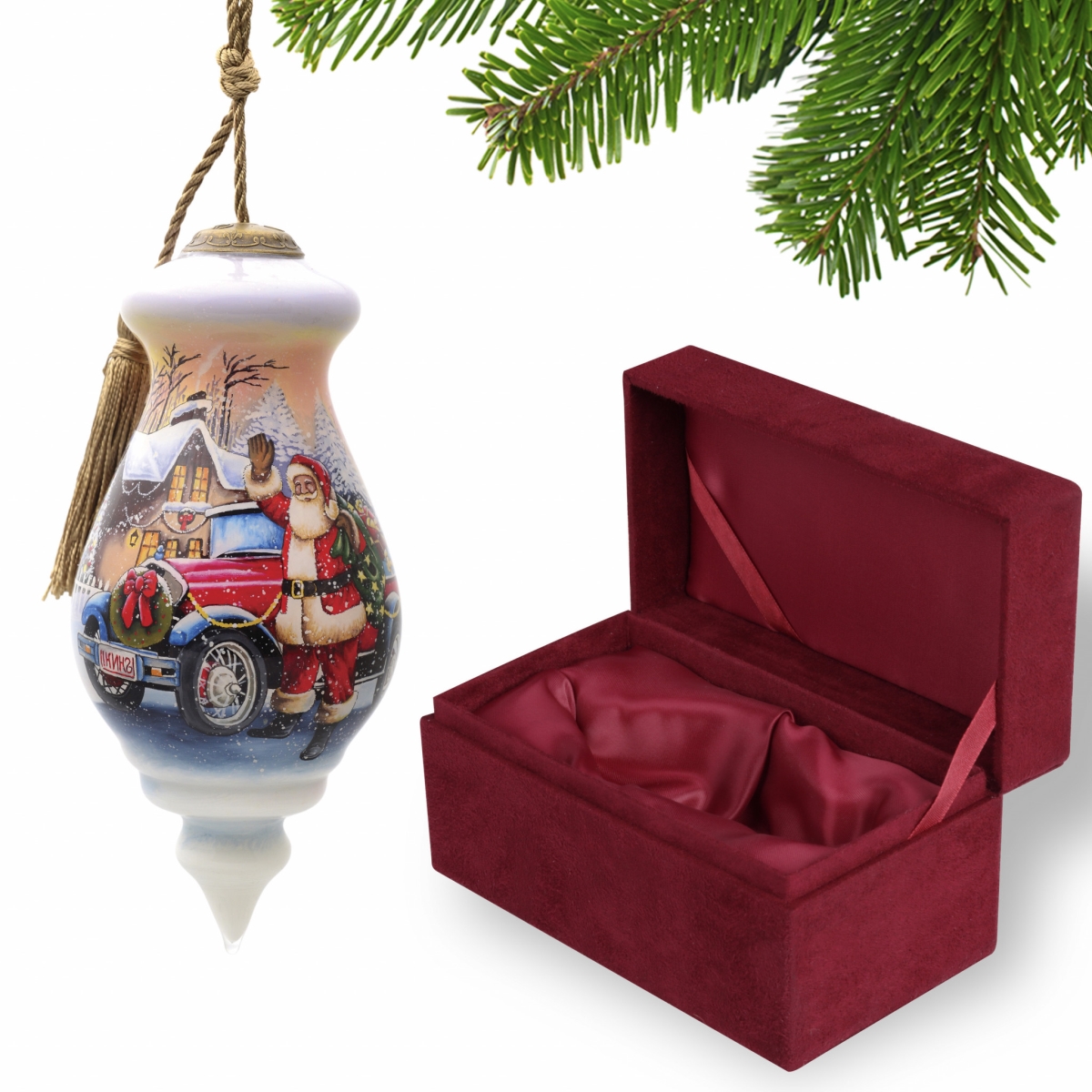 Picture of HomeRoots 477437 Vintage Car & Santa Waving Hand Painted Mouth Blown Glass Ornament&#44; Multi Color