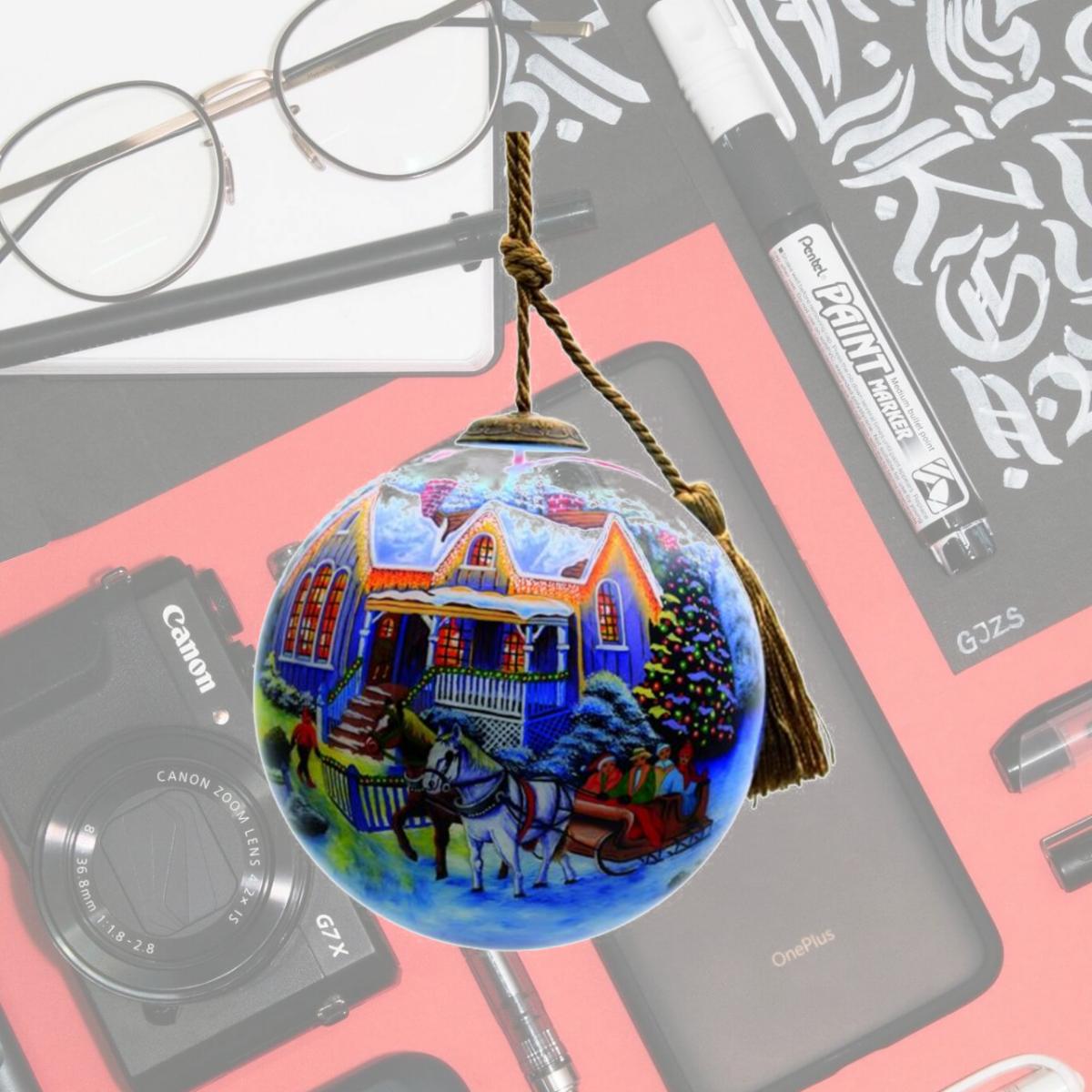 Picture of HomeRoots 477438 Christmas Home & Horse Carriage Hand Painted Mouth Blown Glass Ornament&#44; Multi Color