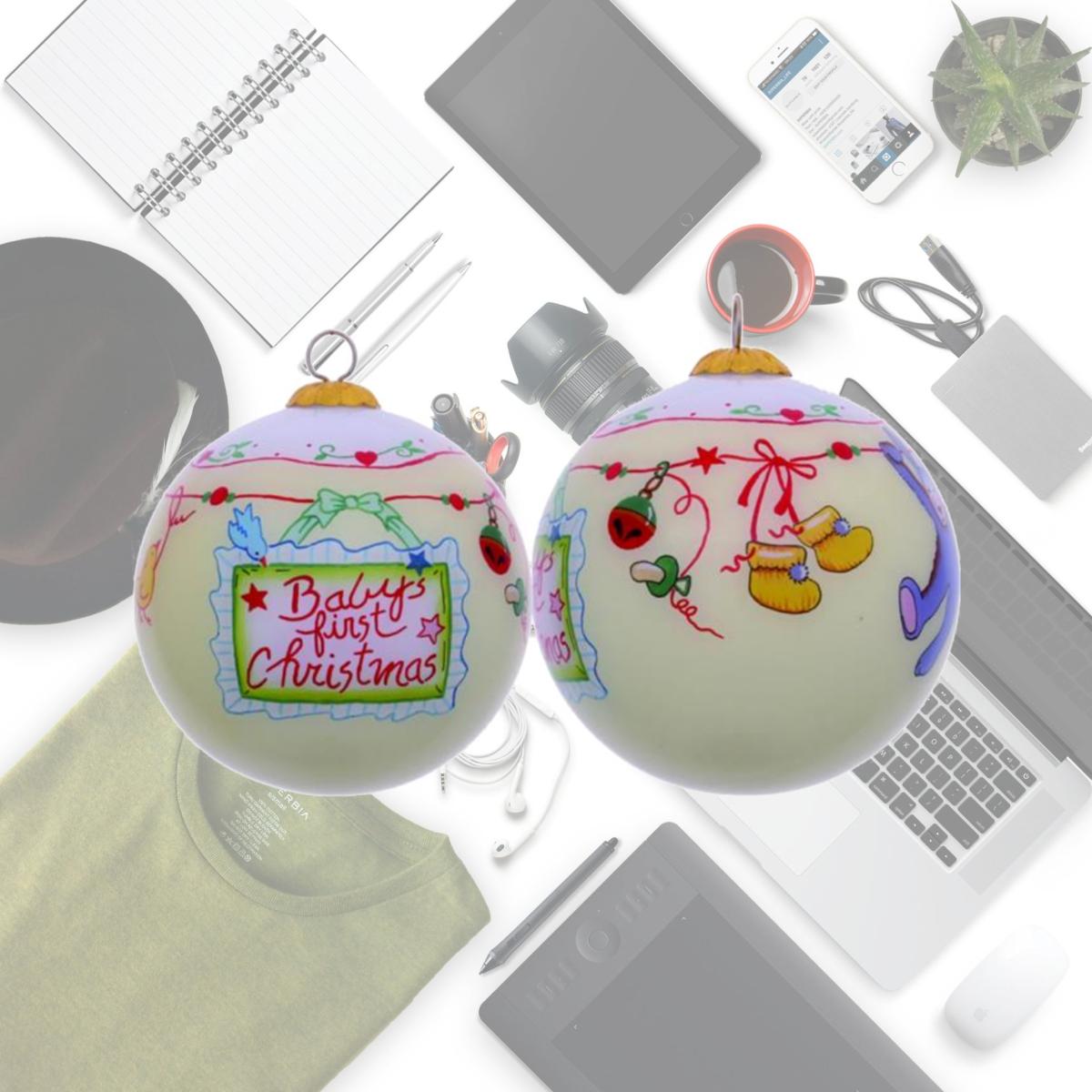 Picture of HomeRoots 477454 Babys First Christmas with Motifs Hand Painted Mouth Blown Glass Ornament, Multi Color
