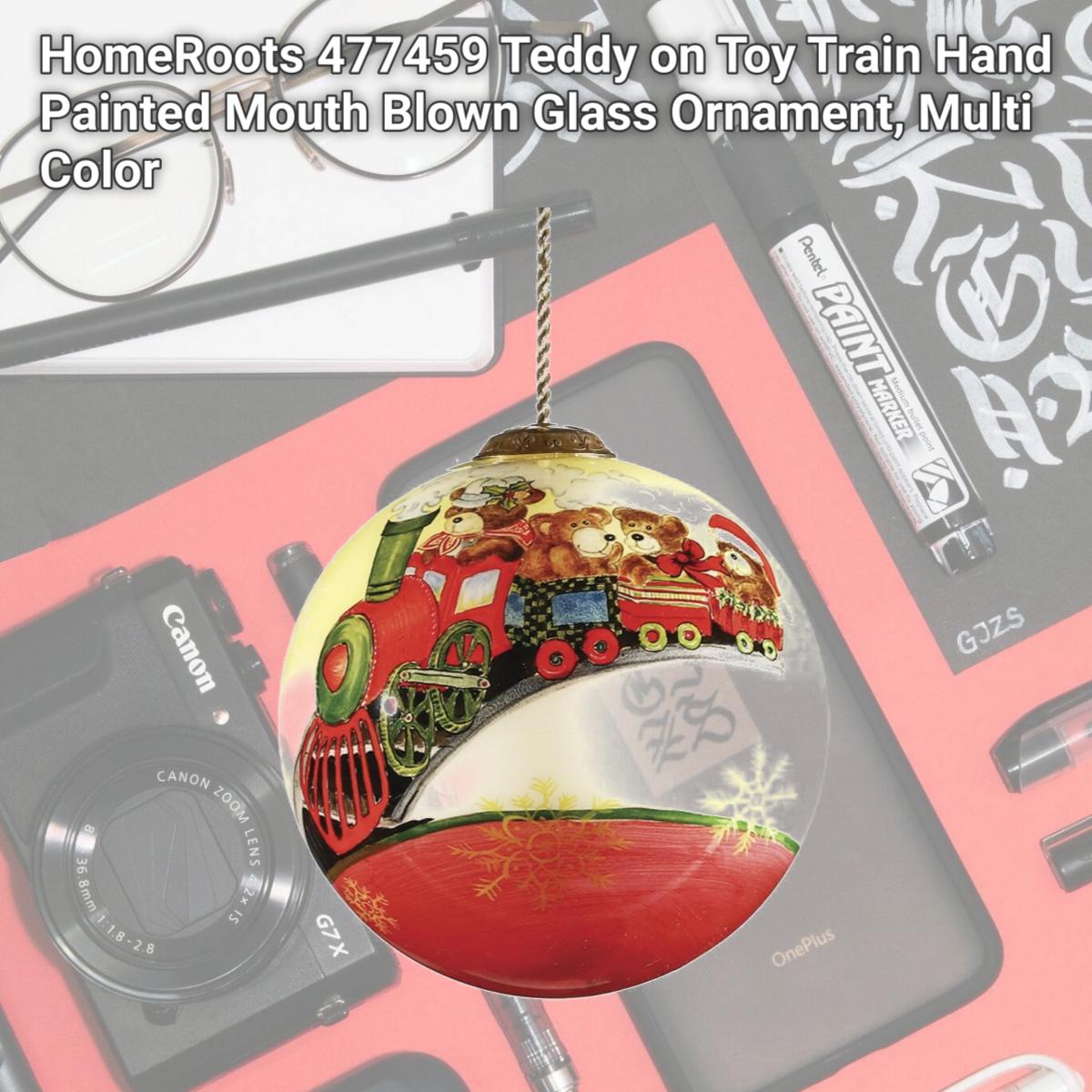 Picture of HomeRoots 477459 Teddy on Toy Train Hand Painted Mouth Blown Glass Ornament, Multi Color