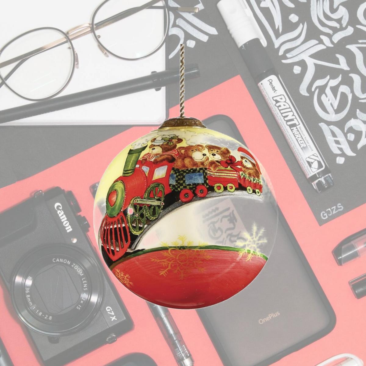 Picture of HomeRoots 477459 Teddy on Toy Train Hand Painted Mouth Blown Glass Ornament, Multi Color