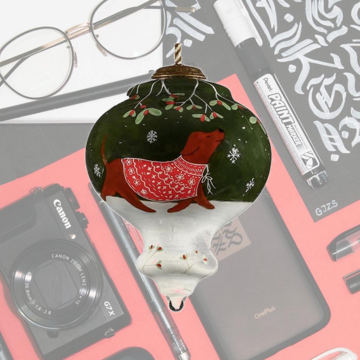 Picture of HomeRoots 477460 Trotting Dog in Comfy Christmas Attire Hand Painted Mouth Blown Glass Ornament, Multi Color