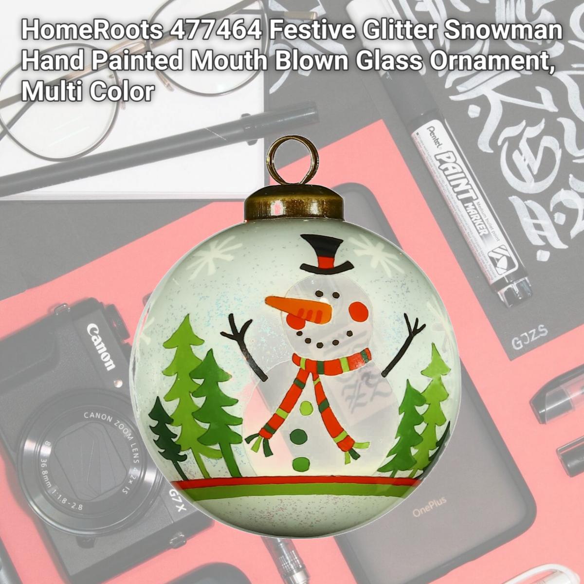 Picture of HomeRoots 477464 Festive Glitter Snowman Hand Painted Mouth Blown Glass Ornament, Multi Color