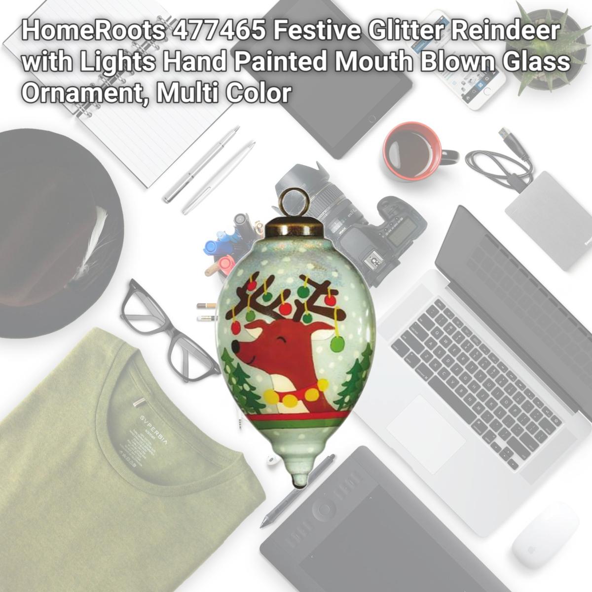 Picture of HomeRoots 477465 Festive Glitter Reindeer with Lights Hand Painted Mouth Blown Glass Ornament, Multi Color