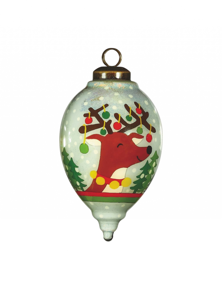 Picture of HomeRoots 477465 Festive Glitter Reindeer with Lights Hand Painted Mouth Blown Glass Ornament, Multi Color