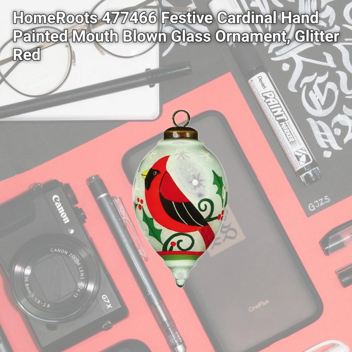 Picture of HomeRoots 477466 Festive Cardinal Hand Painted Mouth Blown Glass Ornament, Glitter Red