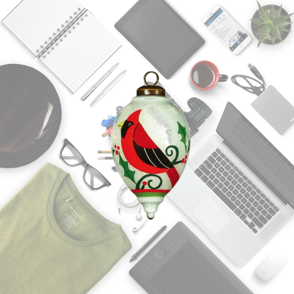 Picture of HomeRoots 477466 Festive Cardinal Hand Painted Mouth Blown Glass Ornament, Glitter Red