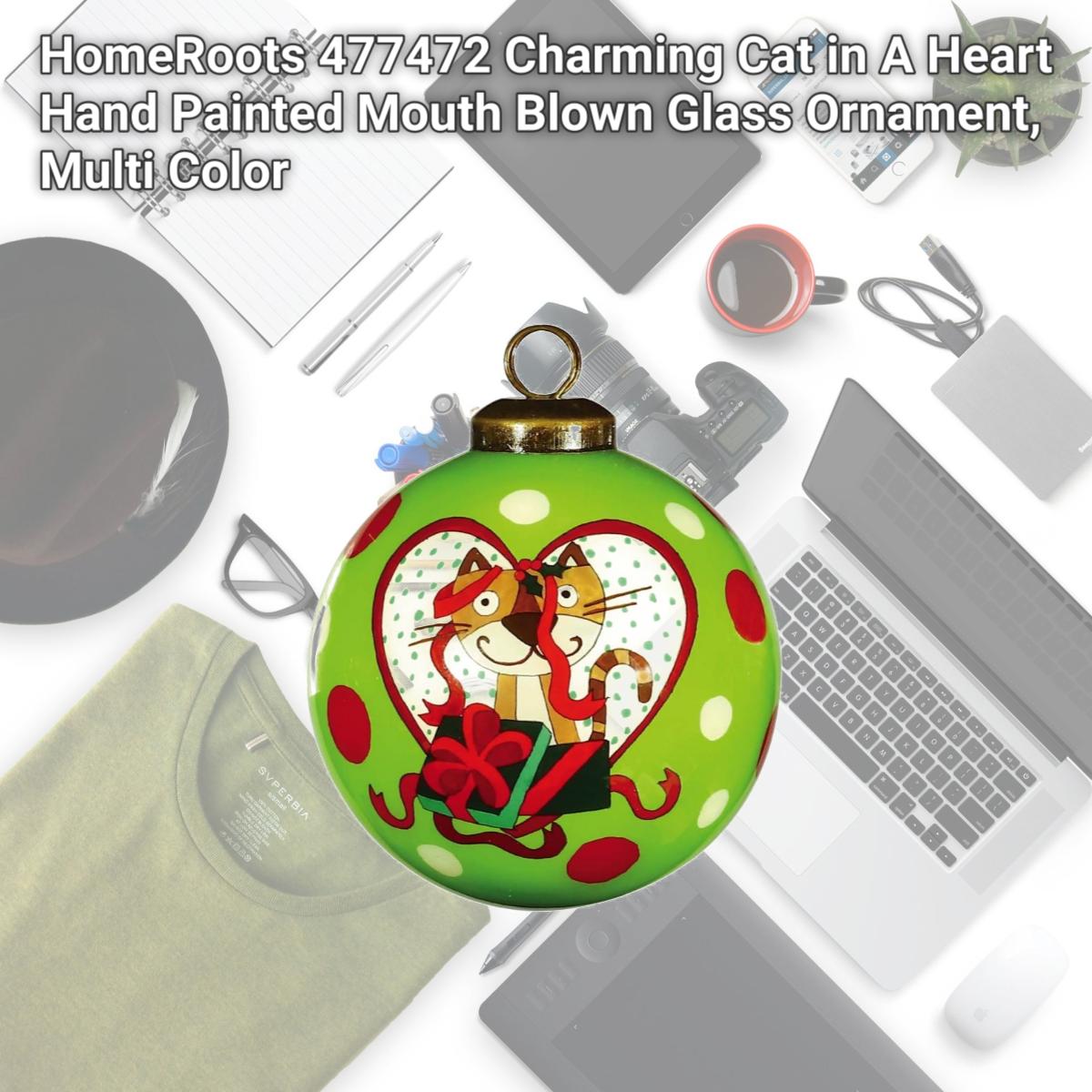 Picture of HomeRoots 477472 Charming Cat in A Heart Hand Painted Mouth Blown Glass Ornament, Multi Color