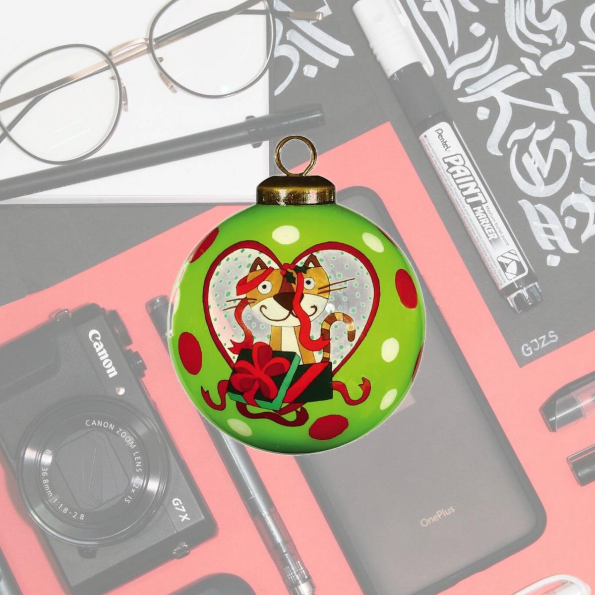 Picture of HomeRoots 477472 Charming Cat in A Heart Hand Painted Mouth Blown Glass Ornament, Multi Color