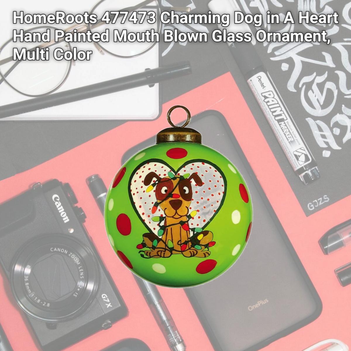 Picture of HomeRoots 477473 Charming Dog in A Heart Hand Painted Mouth Blown Glass Ornament, Multi Color
