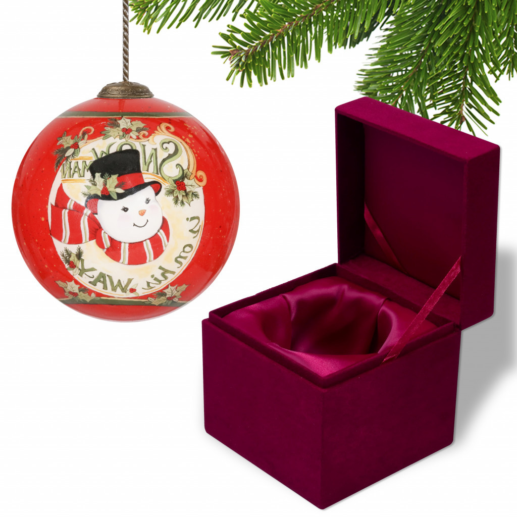 Picture of HomeRoots 477478 Festive Snowman on His Way Hand Painted Mouth Blown Glass Ornament, Multi Color
