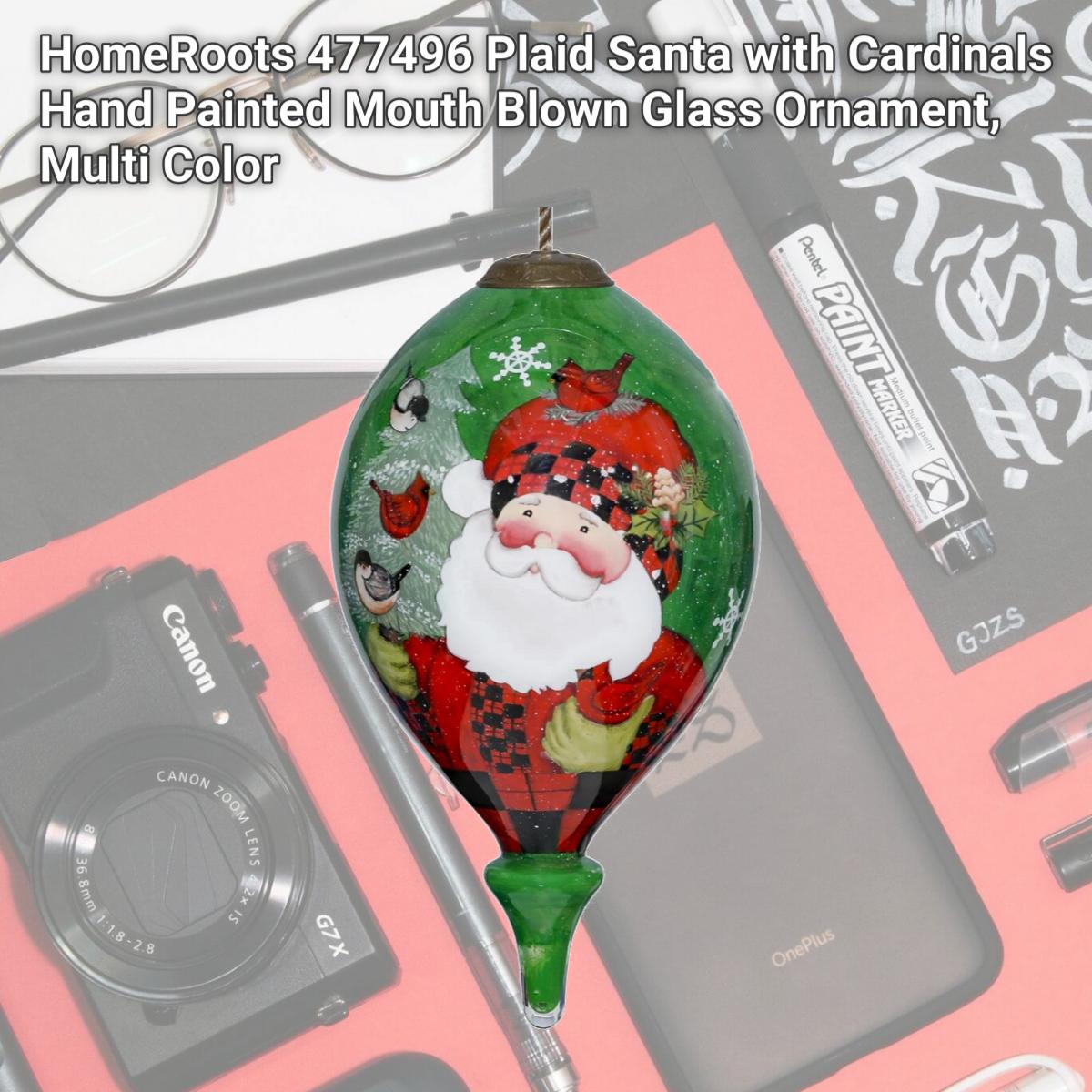 Picture of HomeRoots 477496 Plaid Santa with Cardinals Hand Painted Mouth Blown Glass Ornament, Multi Color