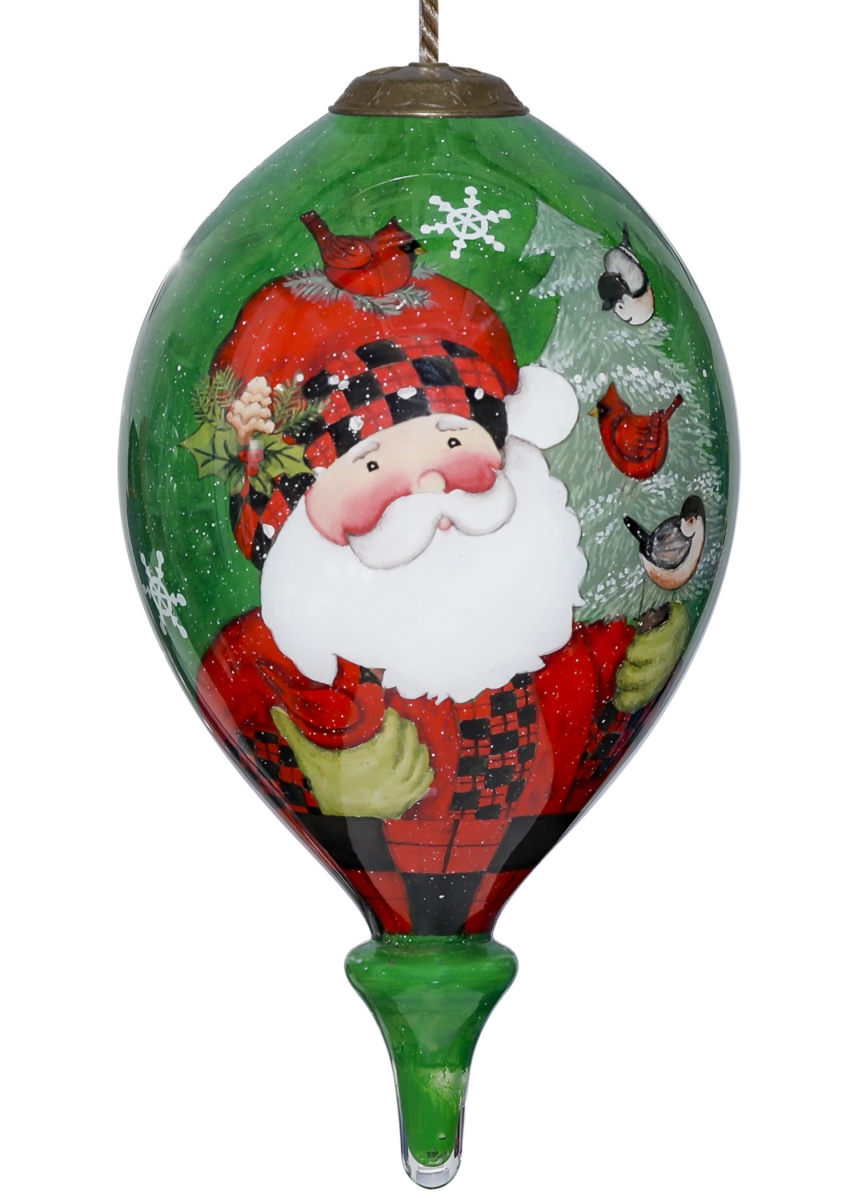 Picture of HomeRoots 477496 Plaid Santa with Cardinals Hand Painted Mouth Blown Glass Ornament, Multi Color