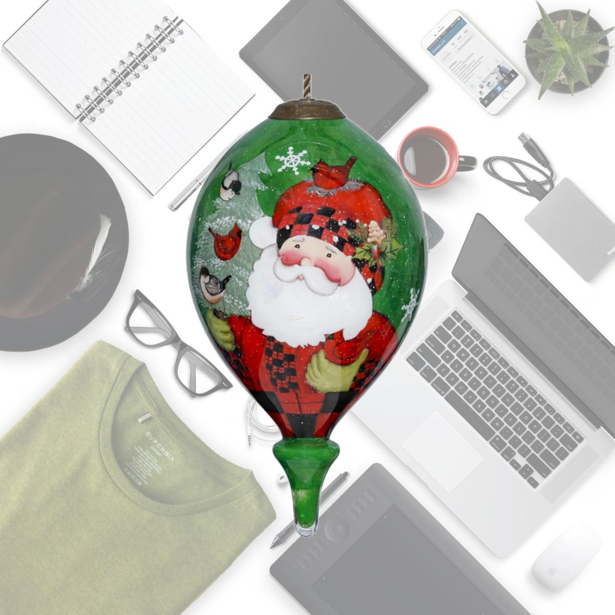 Picture of HomeRoots 477496 Plaid Santa with Cardinals Hand Painted Mouth Blown Glass Ornament, Multi Color