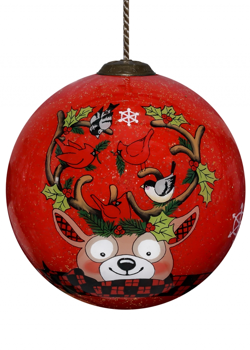 Picture of HomeRoots 477498 Reindeer with Plaids & Cardinals Hand Painted Mouth Blown Glass Ornament&#44; Multi Color
