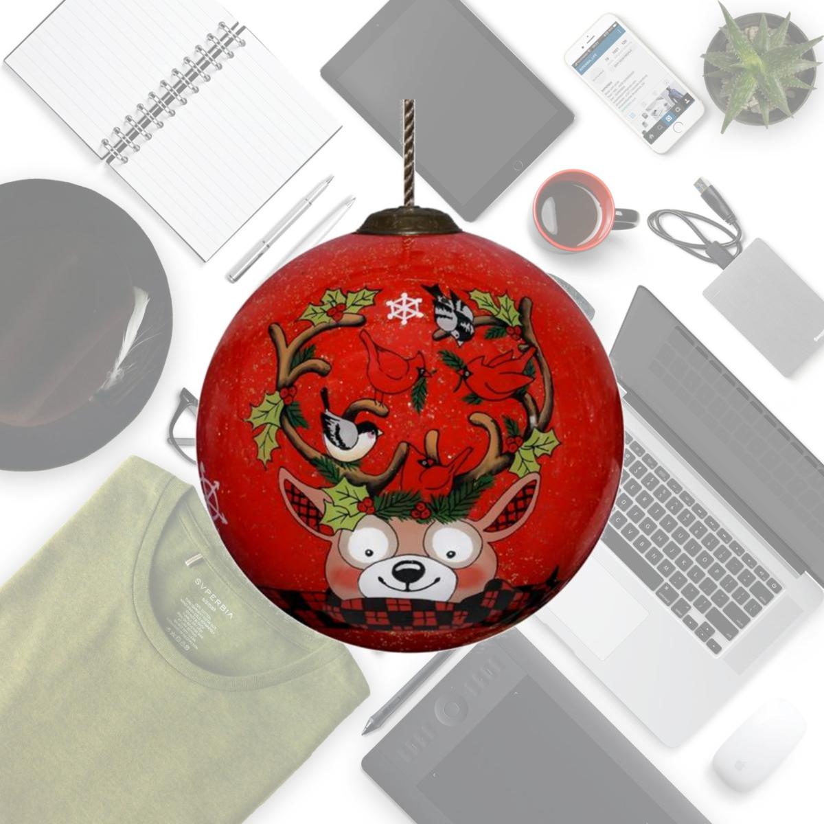 Picture of HomeRoots 477498 Reindeer with Plaids & Cardinals Hand Painted Mouth Blown Glass Ornament&#44; Multi Color