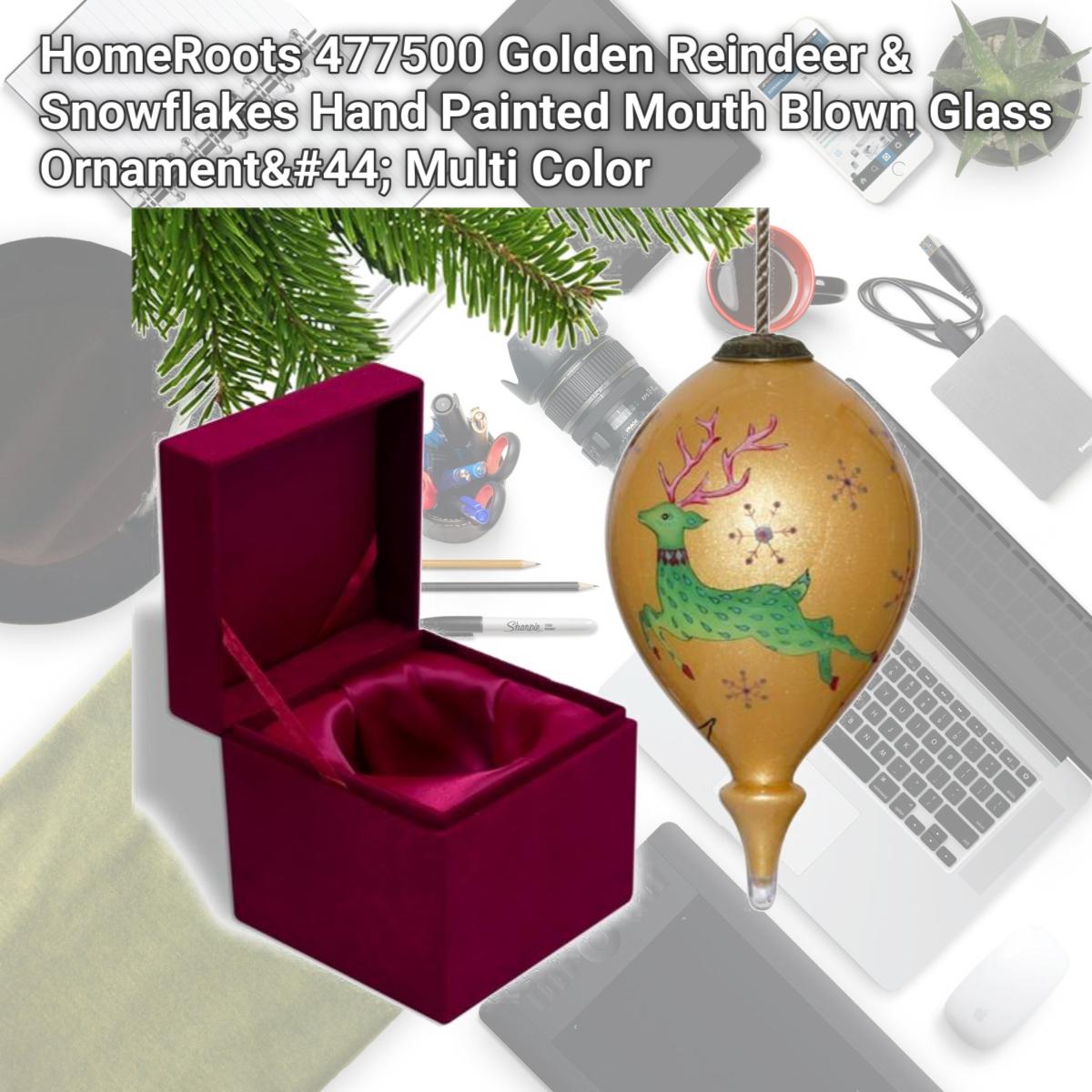 Picture of HomeRoots 477500 Golden Reindeer & Snowflakes Hand Painted Mouth Blown Glass Ornament&#44; Multi Color