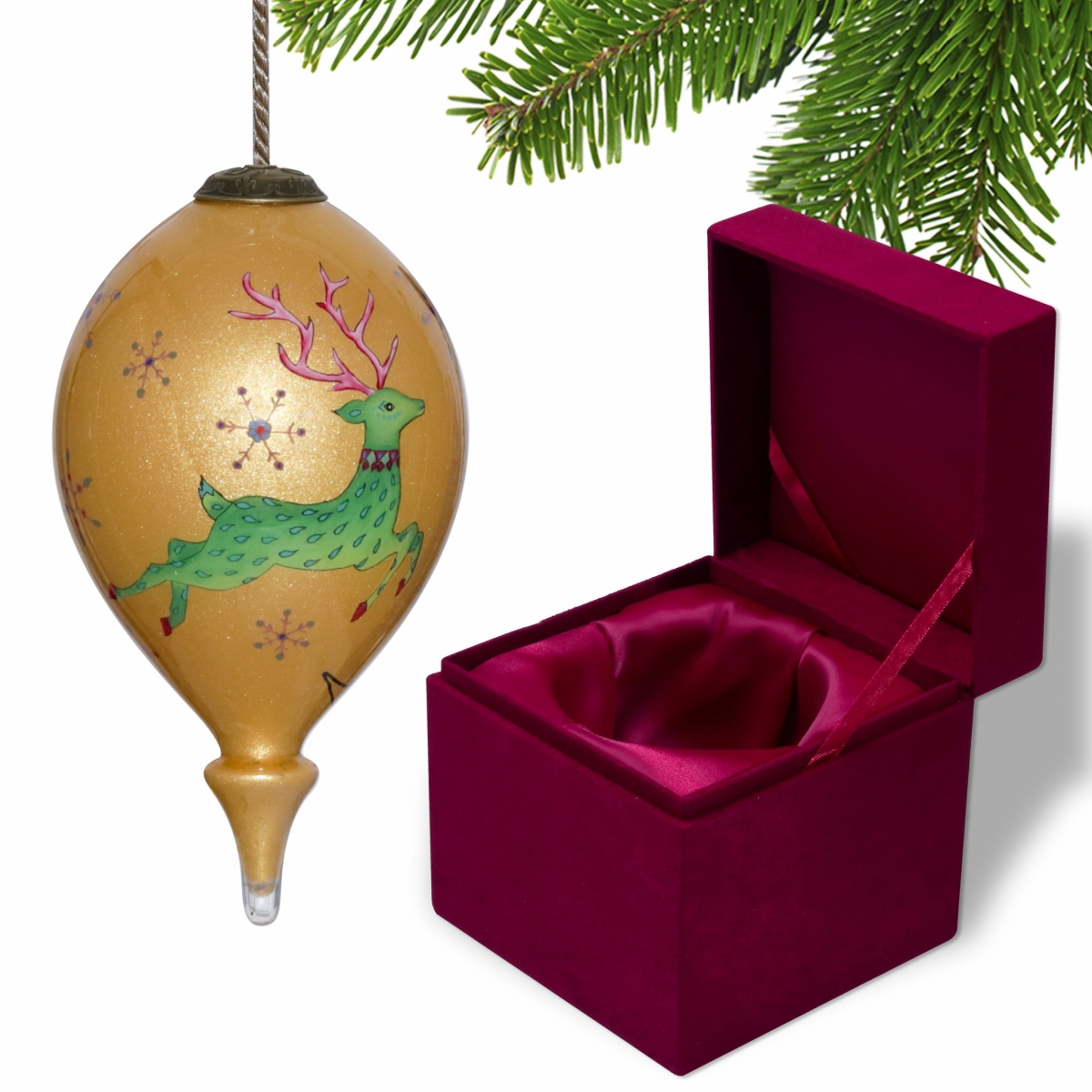 Picture of HomeRoots 477500 Golden Reindeer & Snowflakes Hand Painted Mouth Blown Glass Ornament&#44; Multi Color