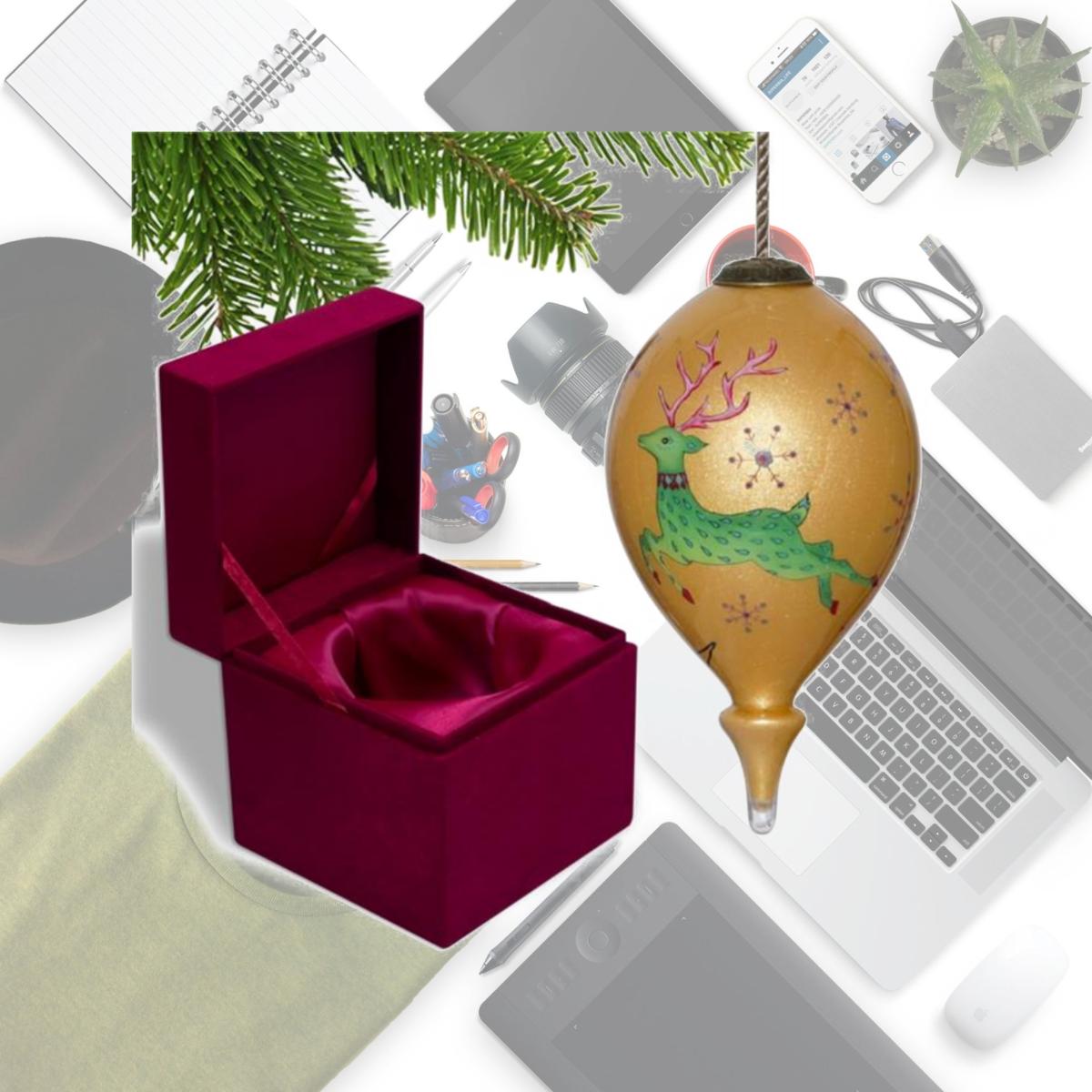 Picture of HomeRoots 477500 Golden Reindeer & Snowflakes Hand Painted Mouth Blown Glass Ornament&#44; Multi Color