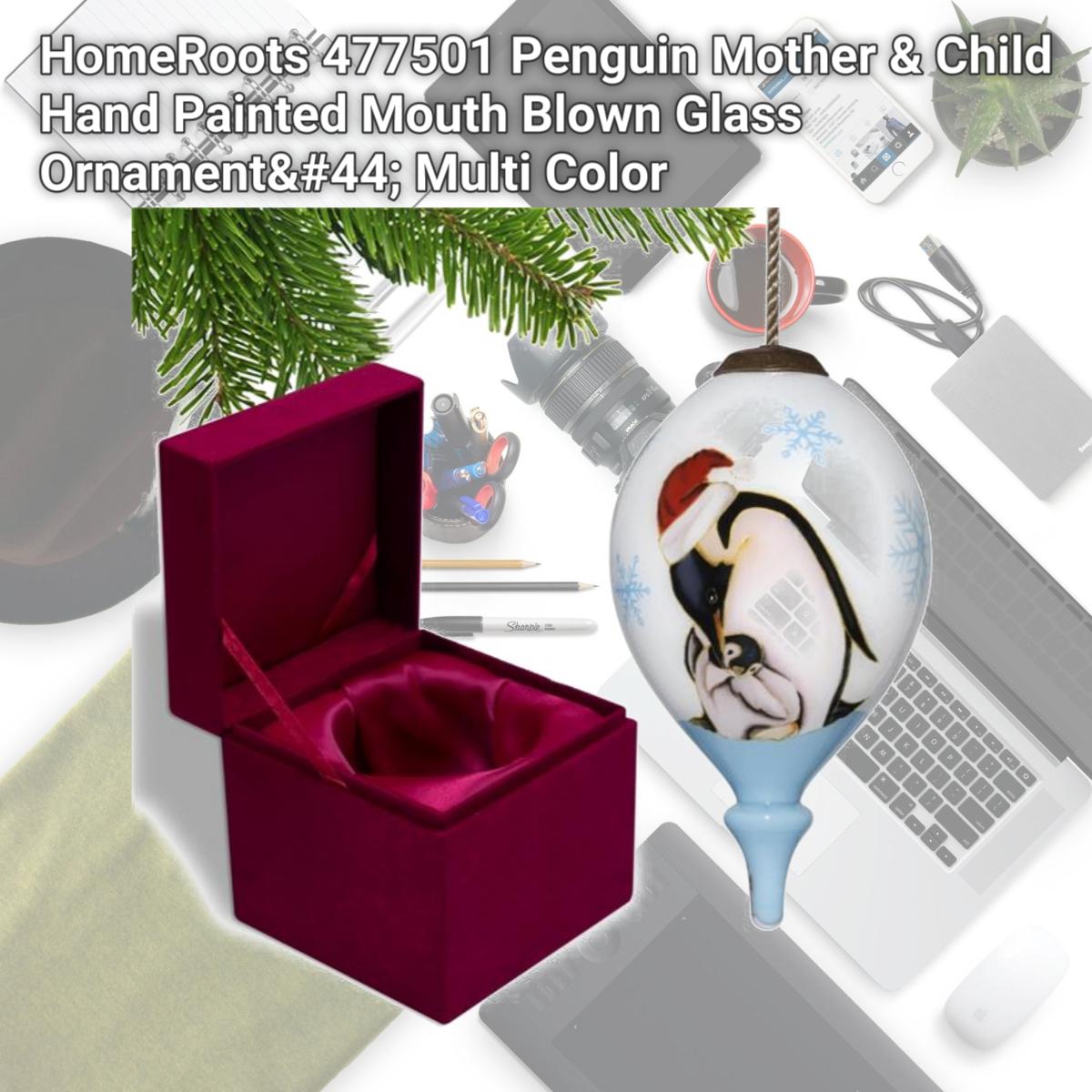 Picture of HomeRoots 477501 Penguin Mother & Child Hand Painted Mouth Blown Glass Ornament&#44; Multi Color