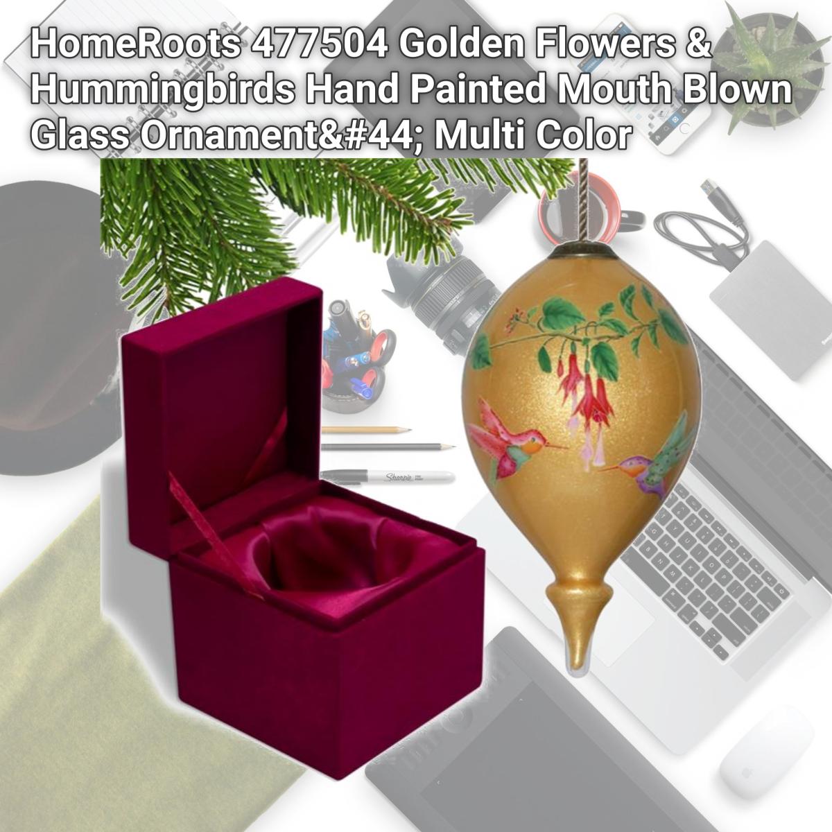 Picture of HomeRoots 477504 Golden Flowers & Hummingbirds Hand Painted Mouth Blown Glass Ornament&#44; Multi Color