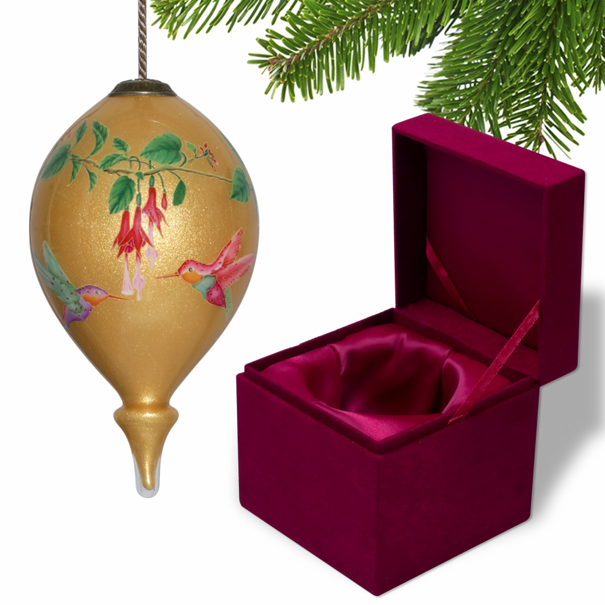 Picture of HomeRoots 477504 Golden Flowers & Hummingbirds Hand Painted Mouth Blown Glass Ornament&#44; Multi Color