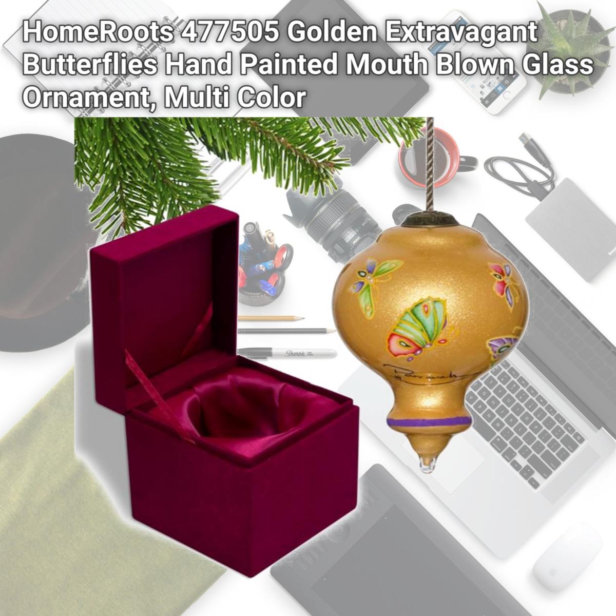 Picture of HomeRoots 477505 Golden Extravagant Butterflies Hand Painted Mouth Blown Glass Ornament, Multi Color