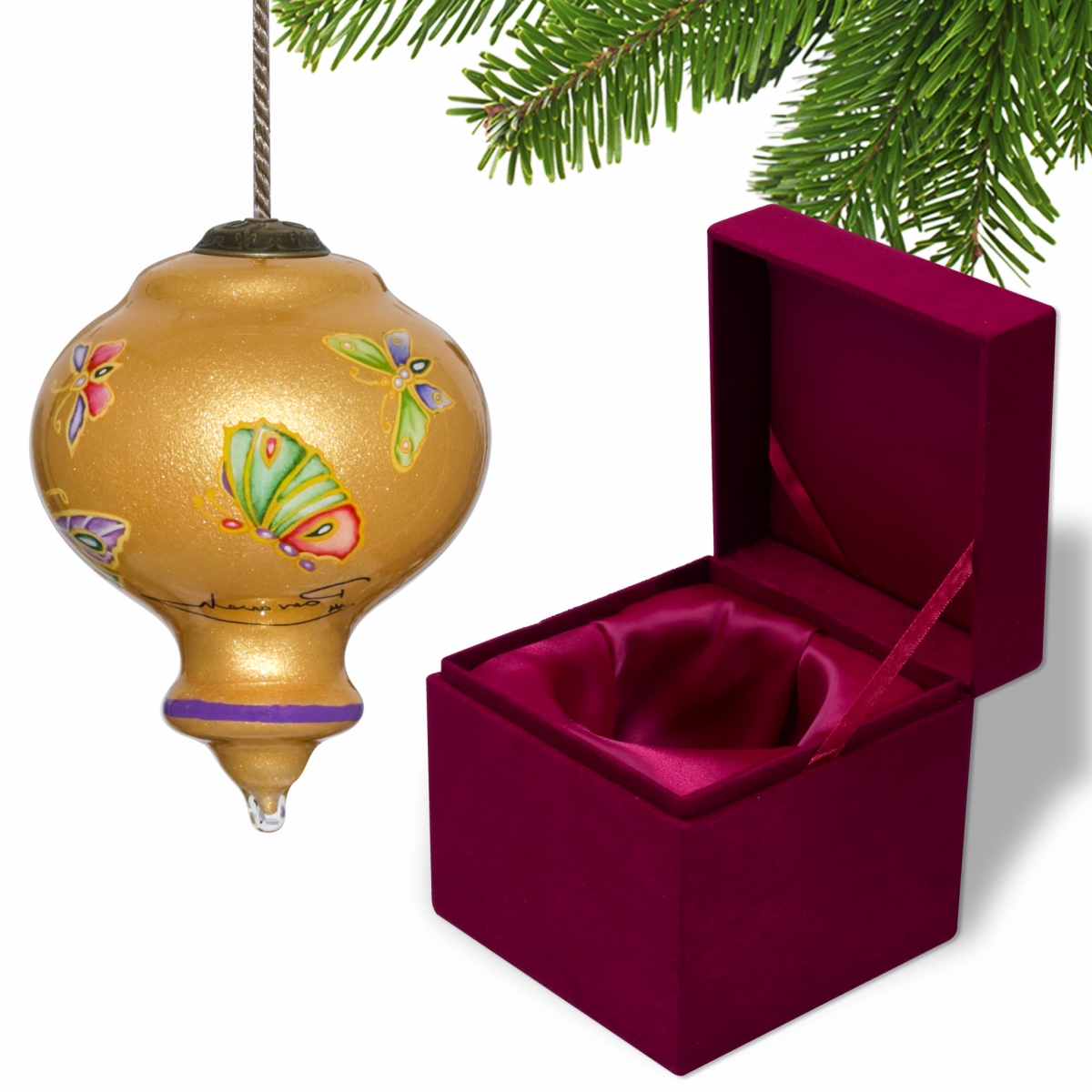 Picture of HomeRoots 477505 Golden Extravagant Butterflies Hand Painted Mouth Blown Glass Ornament, Multi Color