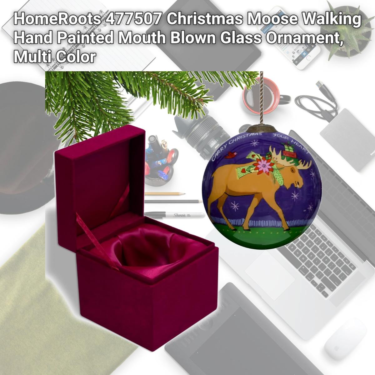 Picture of HomeRoots 477507 Christmas Moose Walking Hand Painted Mouth Blown Glass Ornament, Multi Color