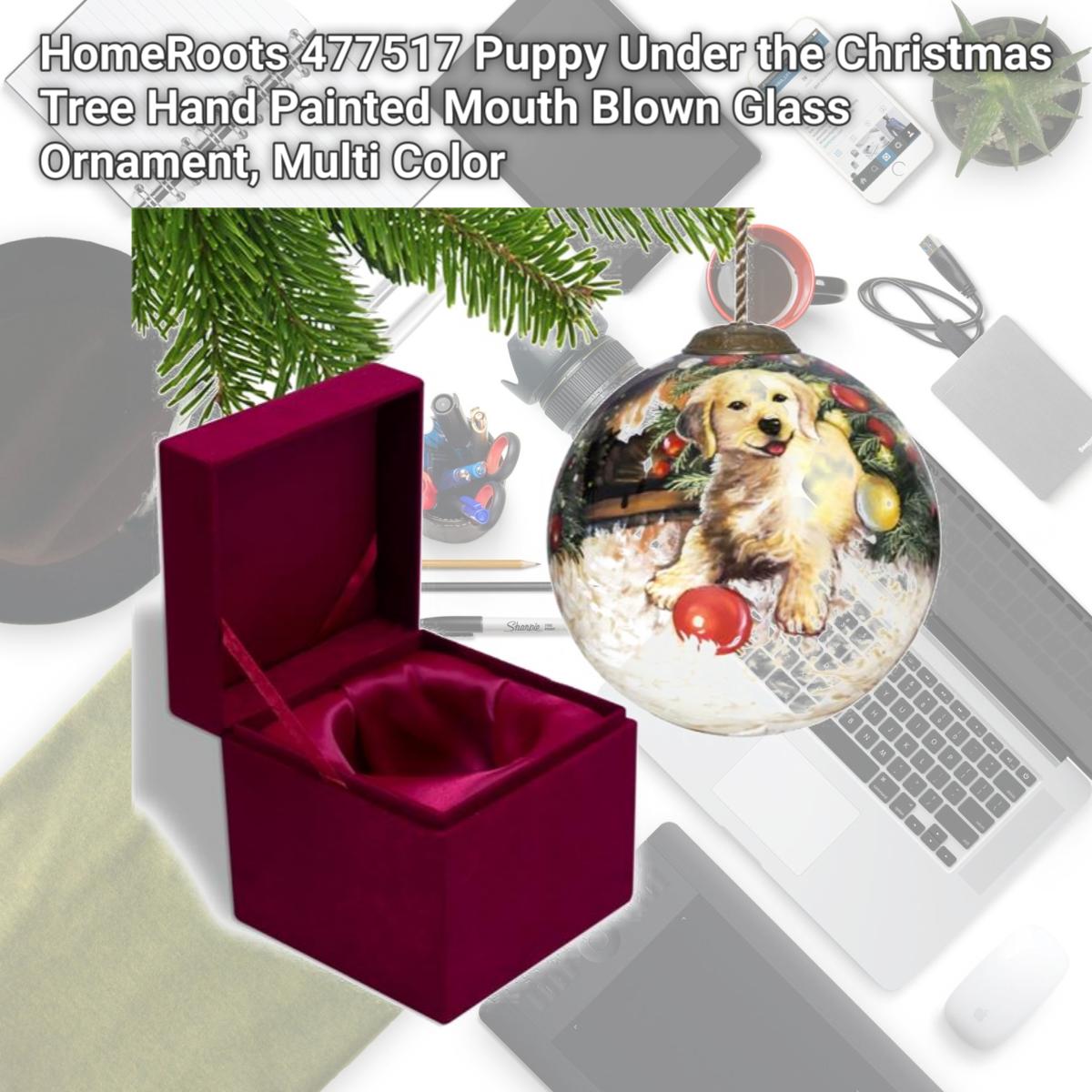 Picture of HomeRoots 477517 Puppy Under the Christmas Tree Hand Painted Mouth Blown Glass Ornament, Multi Color