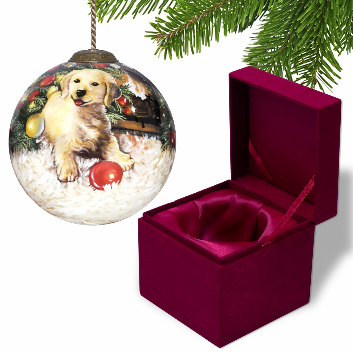 Picture of HomeRoots 477517 Puppy Under the Christmas Tree Hand Painted Mouth Blown Glass Ornament, Multi Color