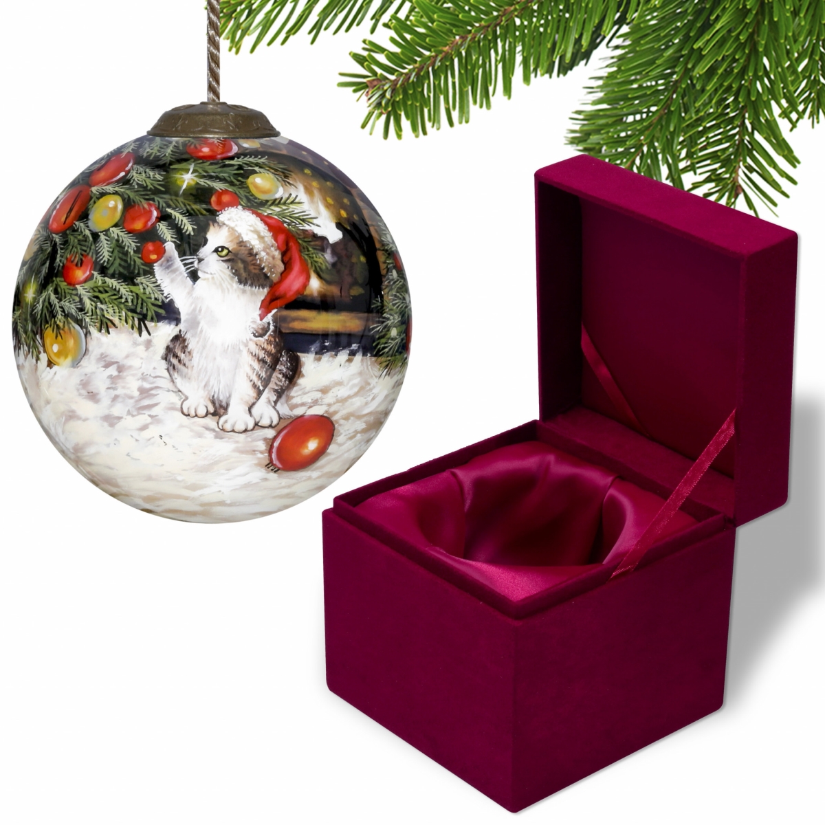 Picture of HomeRoots 477518 Kitten Under the Christmas Tree Hand Painted Mouth Blown Glass Ornament, Multi Color