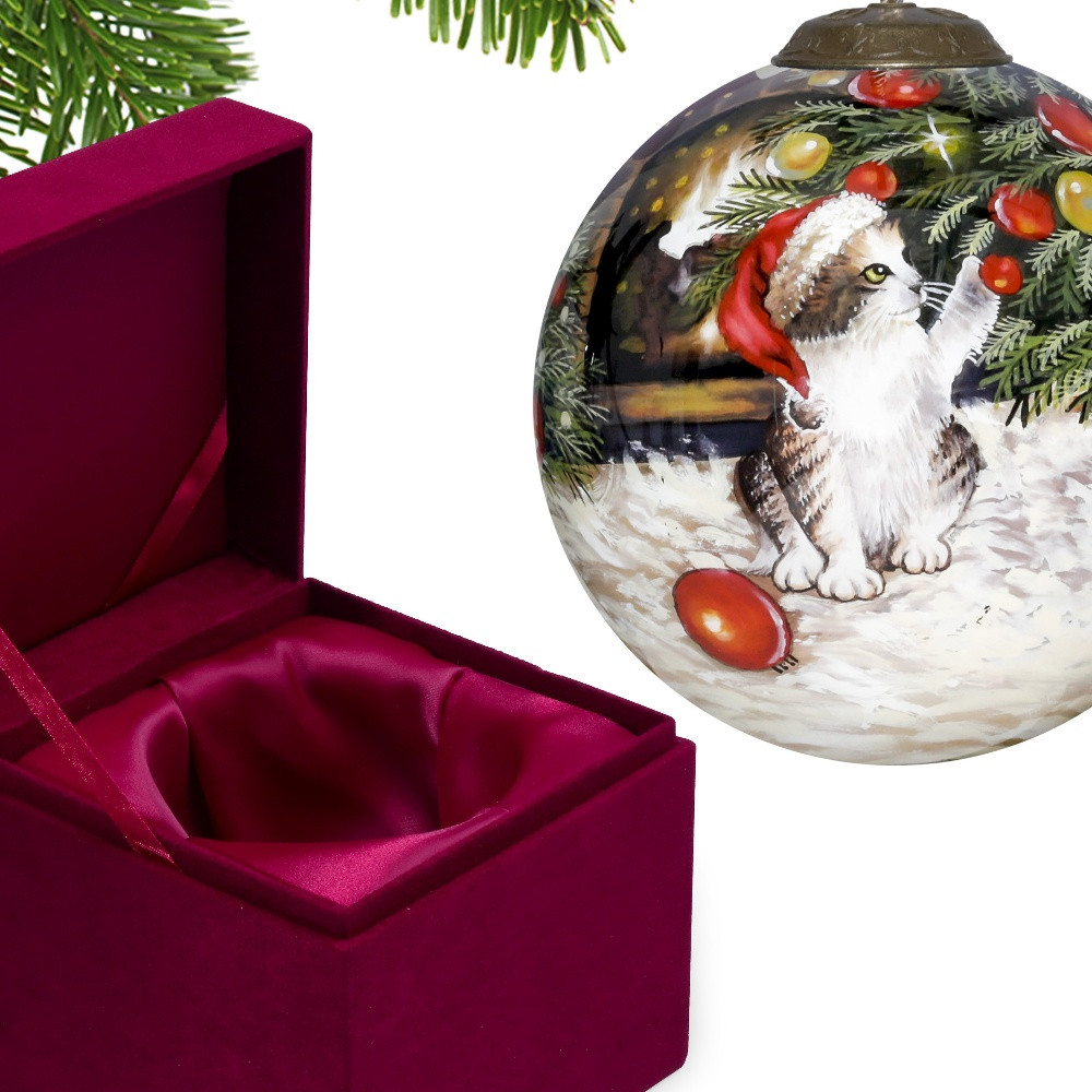 Picture of HomeRoots 477518 Kitten Under the Christmas Tree Hand Painted Mouth Blown Glass Ornament, Multi Color