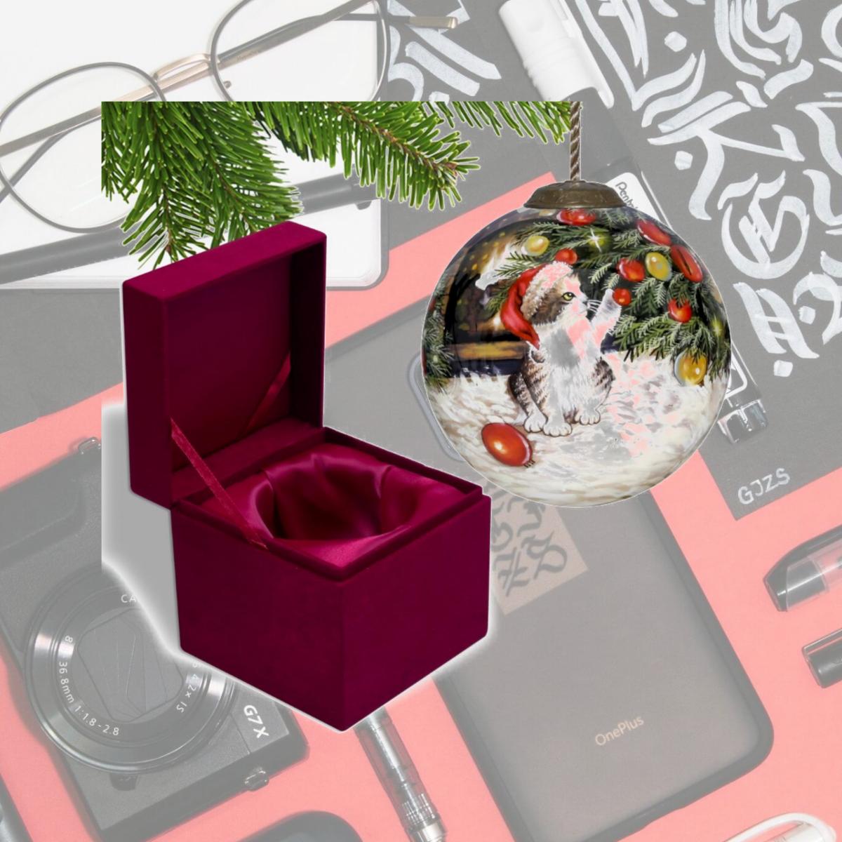 Picture of HomeRoots 477518 Kitten Under the Christmas Tree Hand Painted Mouth Blown Glass Ornament, Multi Color