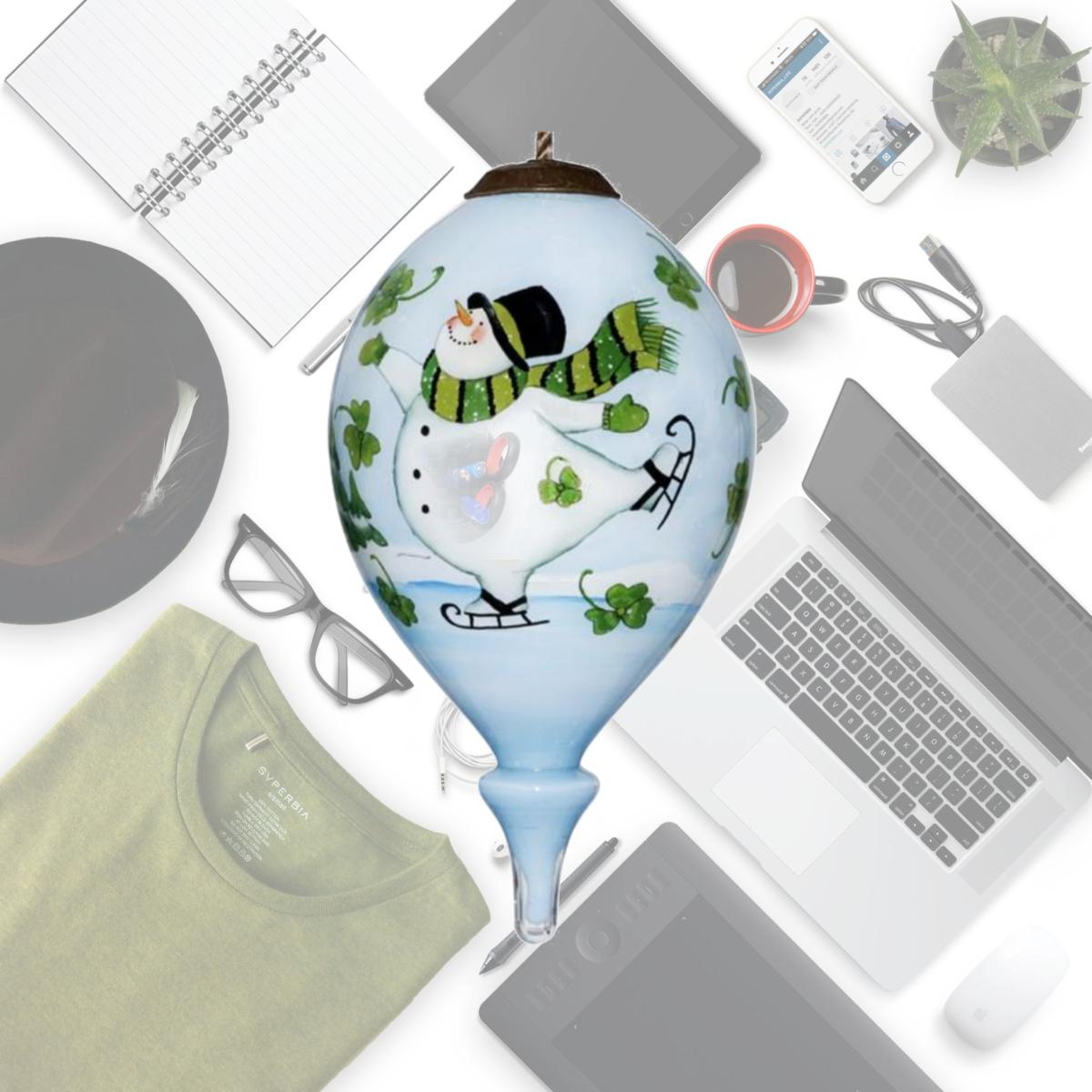 Picture of HomeRoots 477527 Ice Skating Shamrock Snowman Hand Painted Mouth Blown Glass Ornament, Multi Color