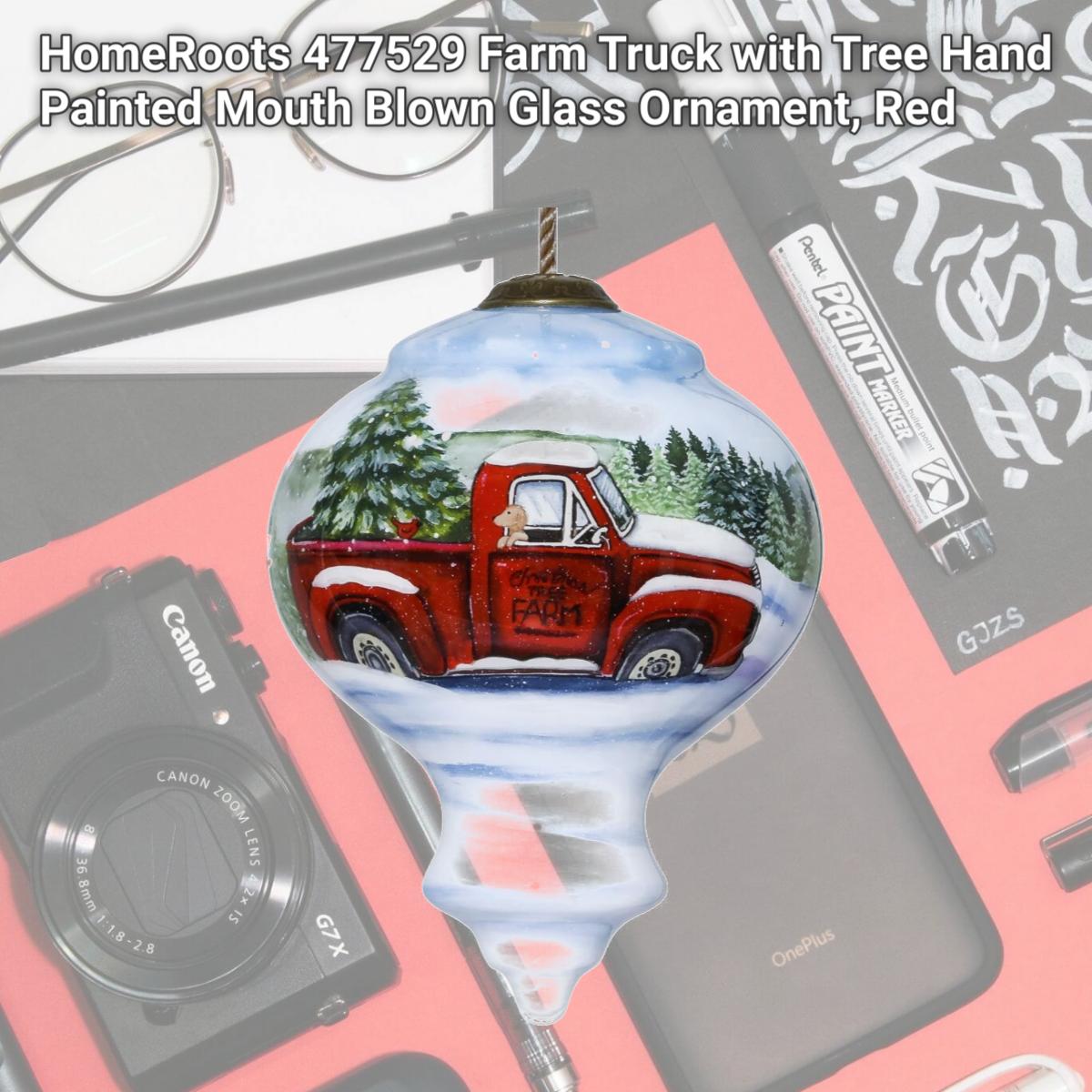 Picture of HomeRoots 477529 Farm Truck with Tree Hand Painted Mouth Blown Glass Ornament, Red