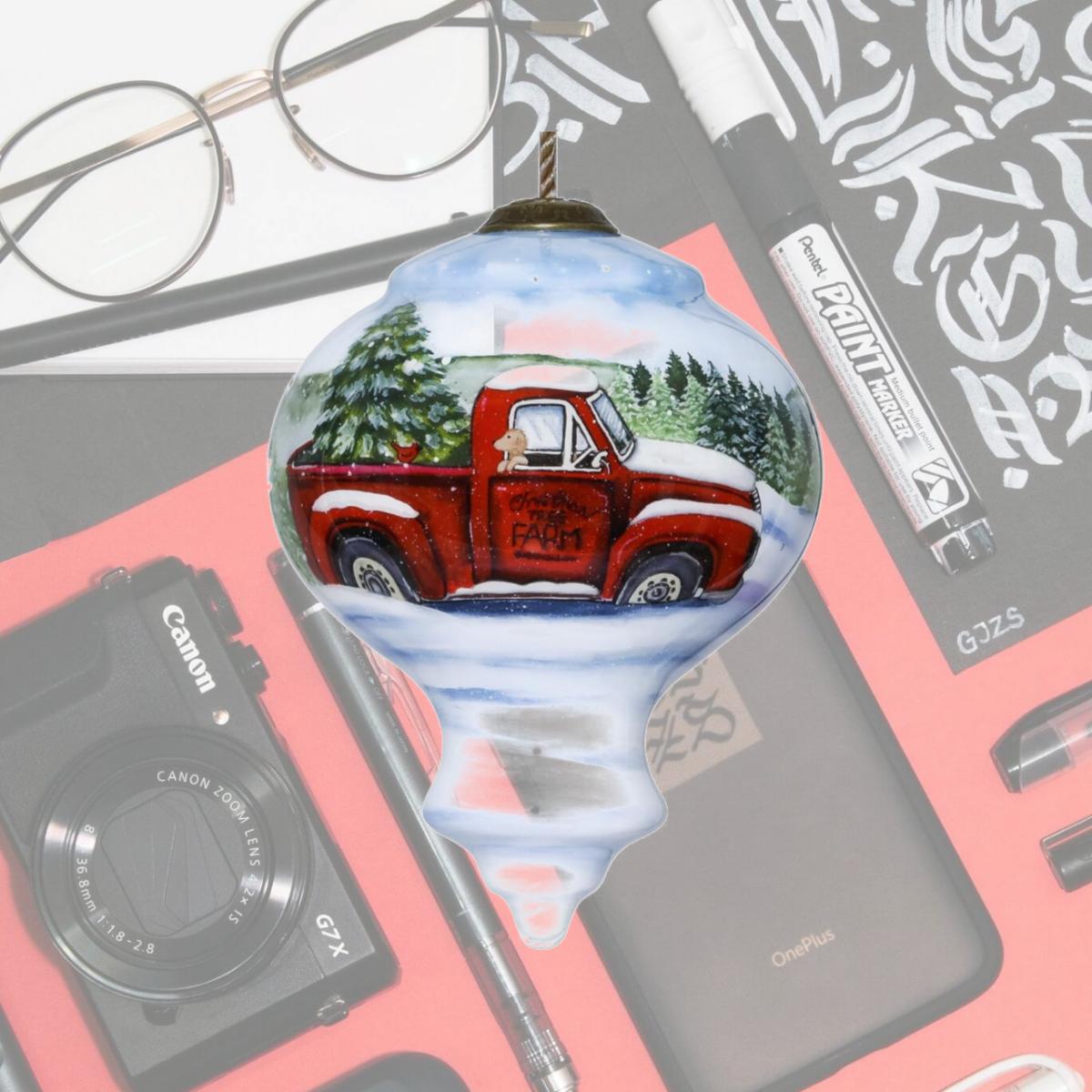 Picture of HomeRoots 477529 Farm Truck with Tree Hand Painted Mouth Blown Glass Ornament, Red