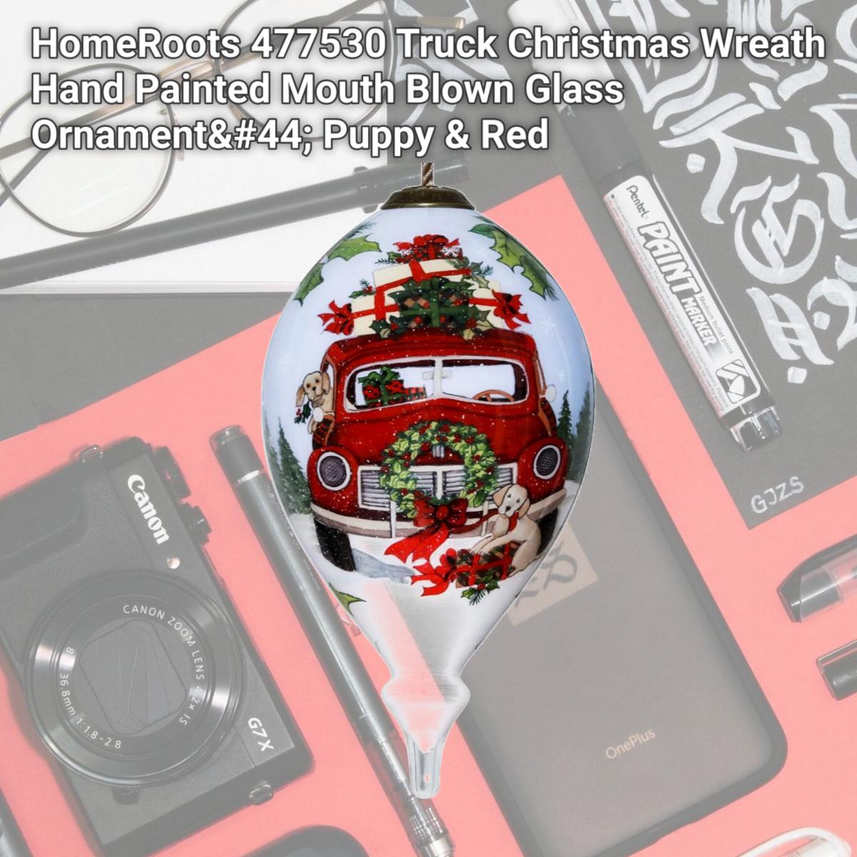 Picture of HomeRoots 477530 Truck Christmas Wreath Hand Painted Mouth Blown Glass Ornament&#44; Puppy & Red