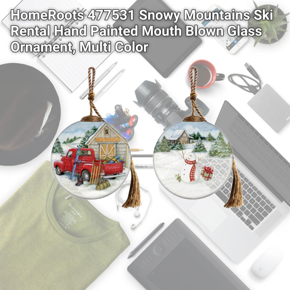 Picture of HomeRoots 477531 Snowy Mountains Ski Rental Hand Painted Mouth Blown Glass Ornament, Multi Color