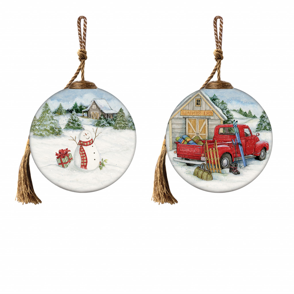 Picture of HomeRoots 477531 Snowy Mountains Ski Rental Hand Painted Mouth Blown Glass Ornament, Multi Color