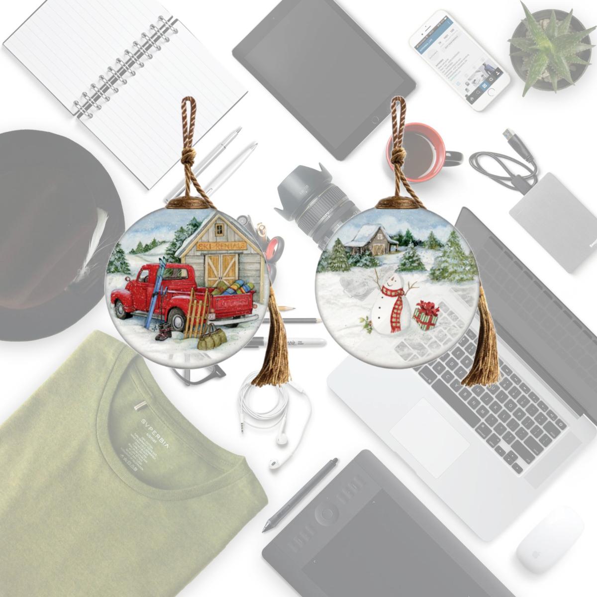 Picture of HomeRoots 477531 Snowy Mountains Ski Rental Hand Painted Mouth Blown Glass Ornament, Multi Color