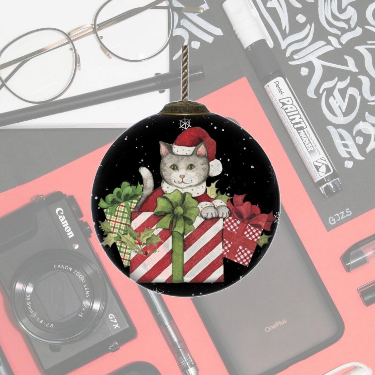 Picture of HomeRoots 477533 Christmas Cat with Presents Hand Painted Mouth Blown Glass Ornament, Multi Color