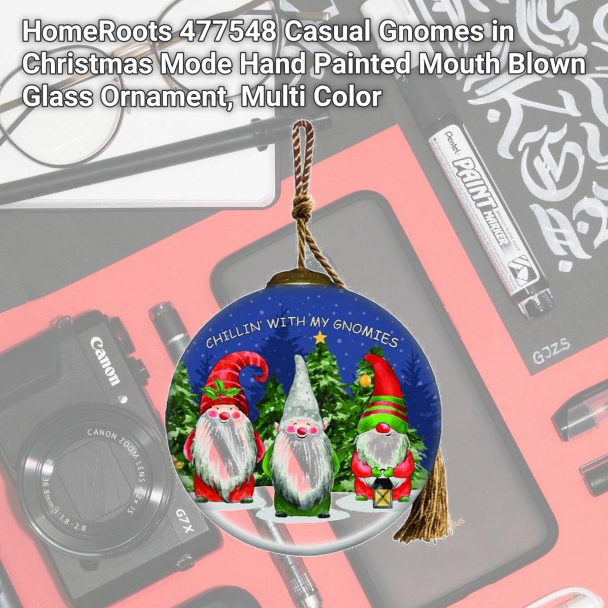 Picture of HomeRoots 477548 Casual Gnomes in Christmas Mode Hand Painted Mouth Blown Glass Ornament, Multi Color
